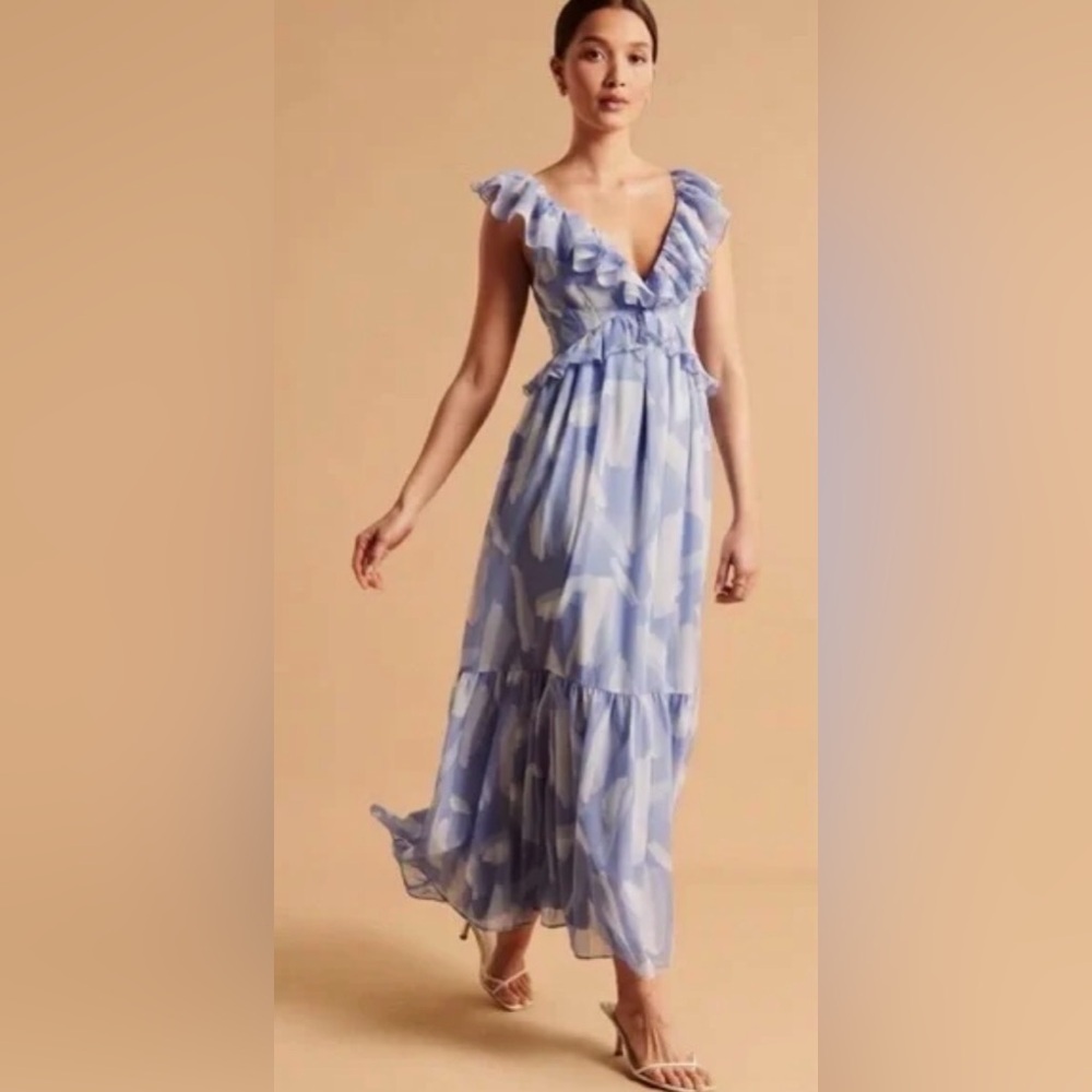Abercrombie & Fitch Drama Ruffle Maxi Dress blue chiffon XS new NWT Fairycore